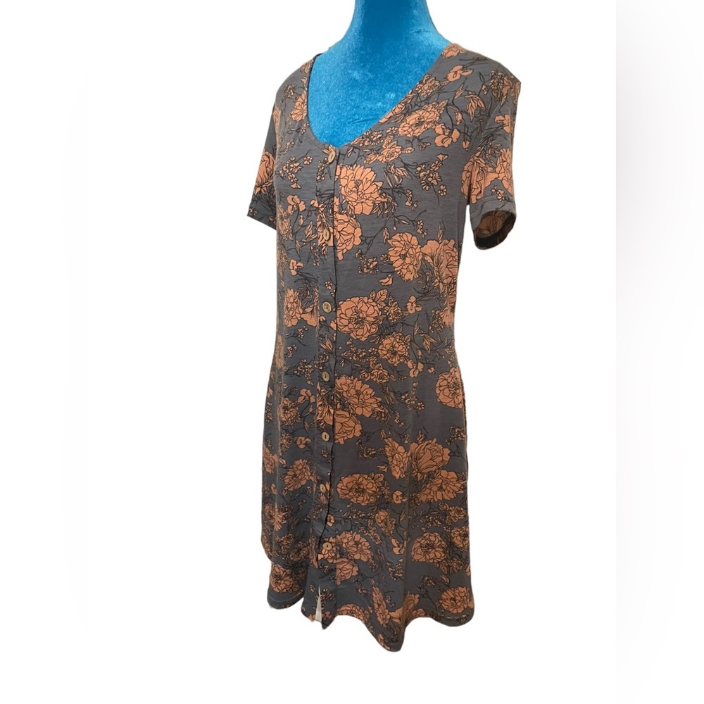 short sleeve button down gray dusty rose floral cottagecore dress - Picture 8 of 12